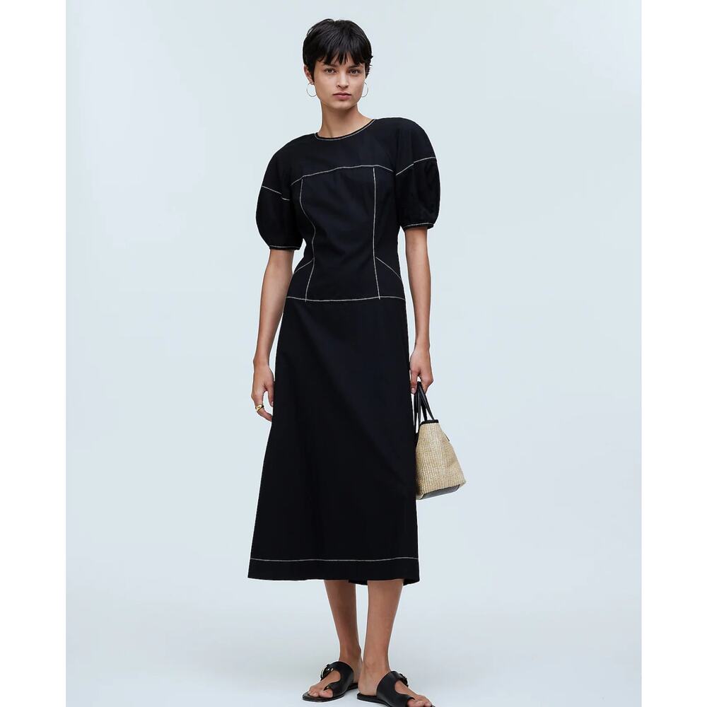 NWT Madewell Puff-Sleeve Drop-Waist Midi Dress In Black Size 2
